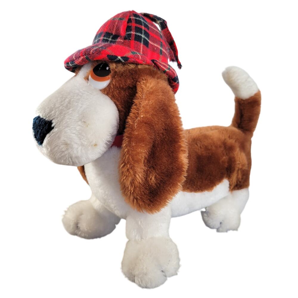 Vintage 1983 Dakin Basset Hound Plush Dog with Plaid Hat 10" Stuffed Animal